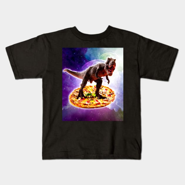 Tyrannosaurus Rex Dinosaur Riding Pizza In Space Kids T-Shirt by Random Galaxy